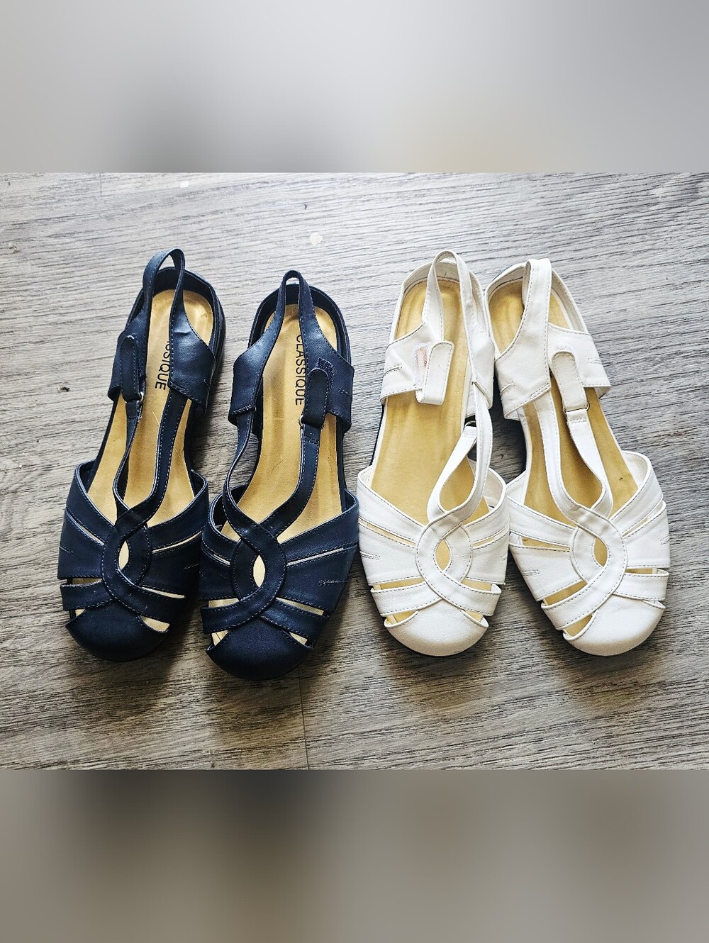 Comfort T-Strap Sandals in Navy and White - Women Shoes